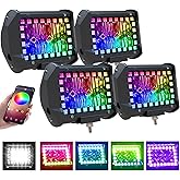 ASLONG 4PCS 4" inch LED Pods Fog Flood Work Light Bar with Chasing RGB Halo | 16 Solid Colors Over 92 Flashing Modes Offroad Driving Lights with Switch Wiring Harness Kit
