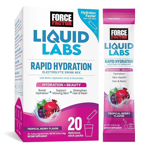 FORCE FACTOR LIQUID LABS BEAUTY, HYDRATION PACKET FOR STRONGER HAIR, SKIN & NAILS. ELECTROLYTES POWDER WITH HYALURONIC ACID, BIOTIN, AND CERAMIDES. TROPICAL BERRY FLAVOR, 20 STICK PACKS