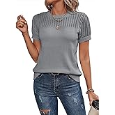 Dokotoo Womens Summer Tops Dressy Casual Crewneck Short Sleeve Shirts Solid Hollow Out Knit Loose Sweater Blouses