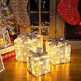 QOTOLY Set of 3 Christmas Lighted Gift Boxes Plug-in 60 Led Light Up Box Ornament for Christmas Decorations Indoor Outdoor Yard Xmas Tree Holiday Party Lawn Porch Home Décor(Silver Bow)