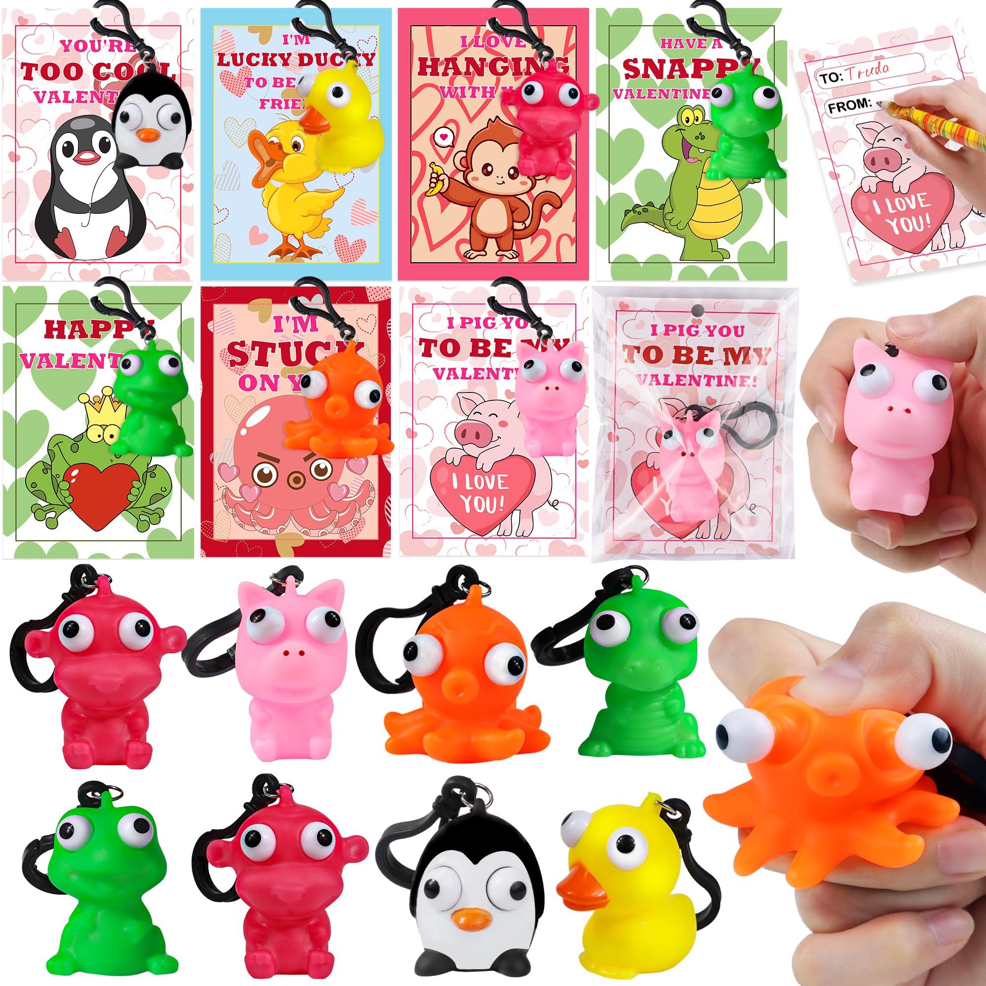 Photo 1 of 28 Pack Kids Valentines Day Cards with Animal Popping Eyes Keychains Valentines Day Gifts for Kids Classroom School, Valentines for Kid Class Valentines Exchange Cards Gifts Boy Girl Party Favors Toy