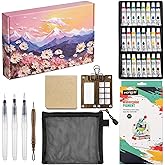 Mini Travel Watercolor Paint Set, All‑In‑One Portable Pocket Paint Kit with Walnut Wood Palette, 24 Watercolor Colors, 3 Water Brushes, Chinese Calligraphy Brush, Sketchbook and Organizer Pouch, Gift for Beginners and Art Lovers