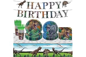Poqirzan 98PCS Dinosaur Birthday Party Supplies Dinosaur Party Tableware Set Dinosaur Theme Birthday Party Decoration for Boy