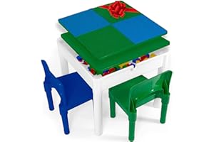 Play Platoon 5 in 1 Kids Activity Table and Chair Set - Building Block, Stem, Craft & Sensory Tables for Toddlers with 2 Chairs & 25 XL Blocks - Blue and Green