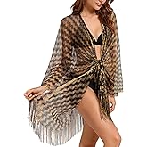 CosInStyle Women's Metallic Sparkle Beach Cover Up, Striped Sheer Mesh Swimsuit Wrap with Fringe, Summer Poolside Kimono
