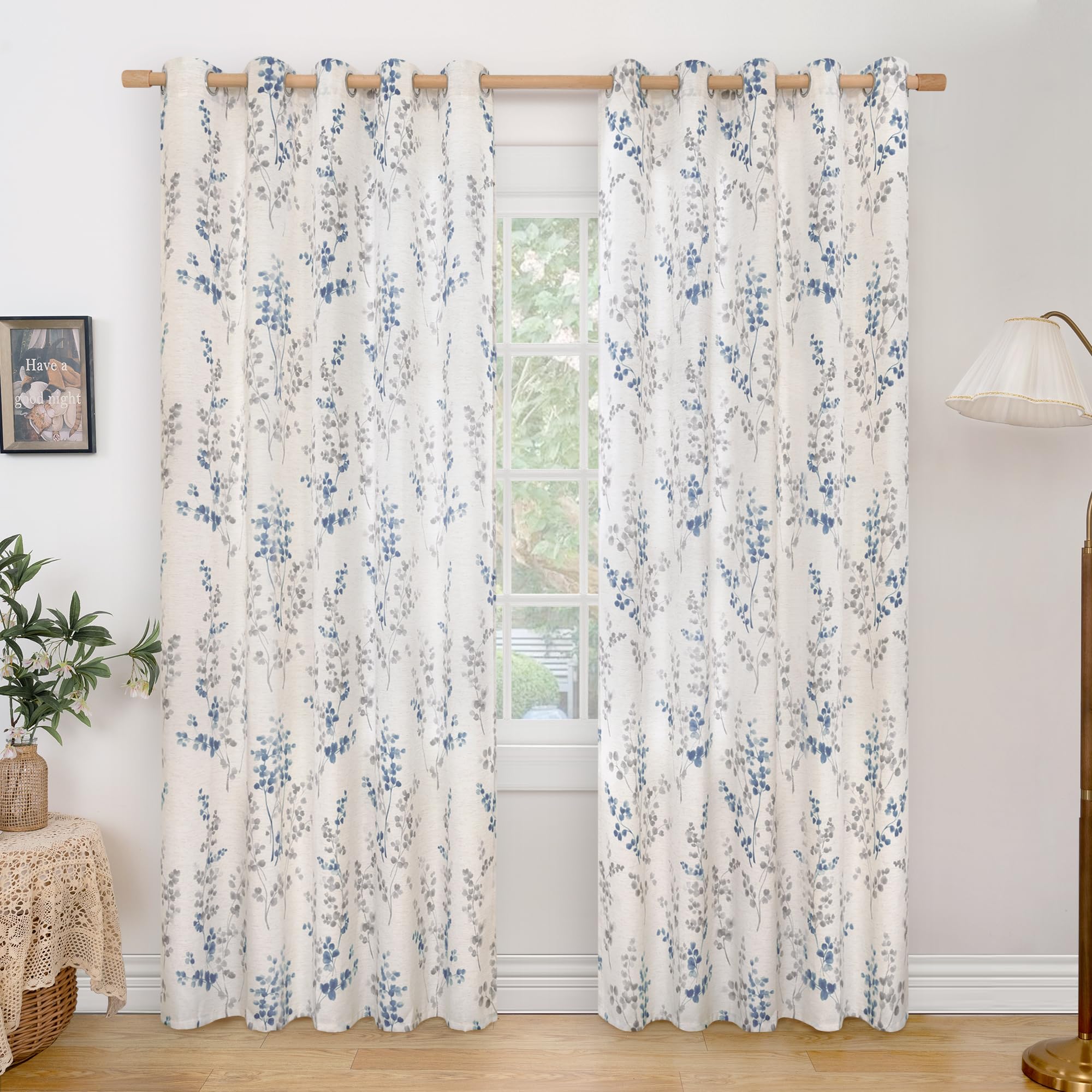 BGment Linen Curtains for Living Room 84 Inch Length 2 Panels, Floral Leaf Patterns, Light Filtering Window Privacy Boho Curtains for Vintage Farmhouse Dining Room, Each 60 Inch Wide, Navy Image