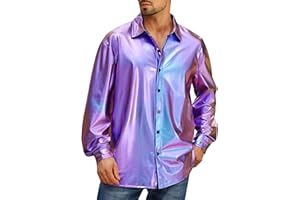 ODIZLI Mens Holographic Metallic Top Long Sleeve Button Down Shirt for Disco Party Nightclub Dance Shiny Shirts