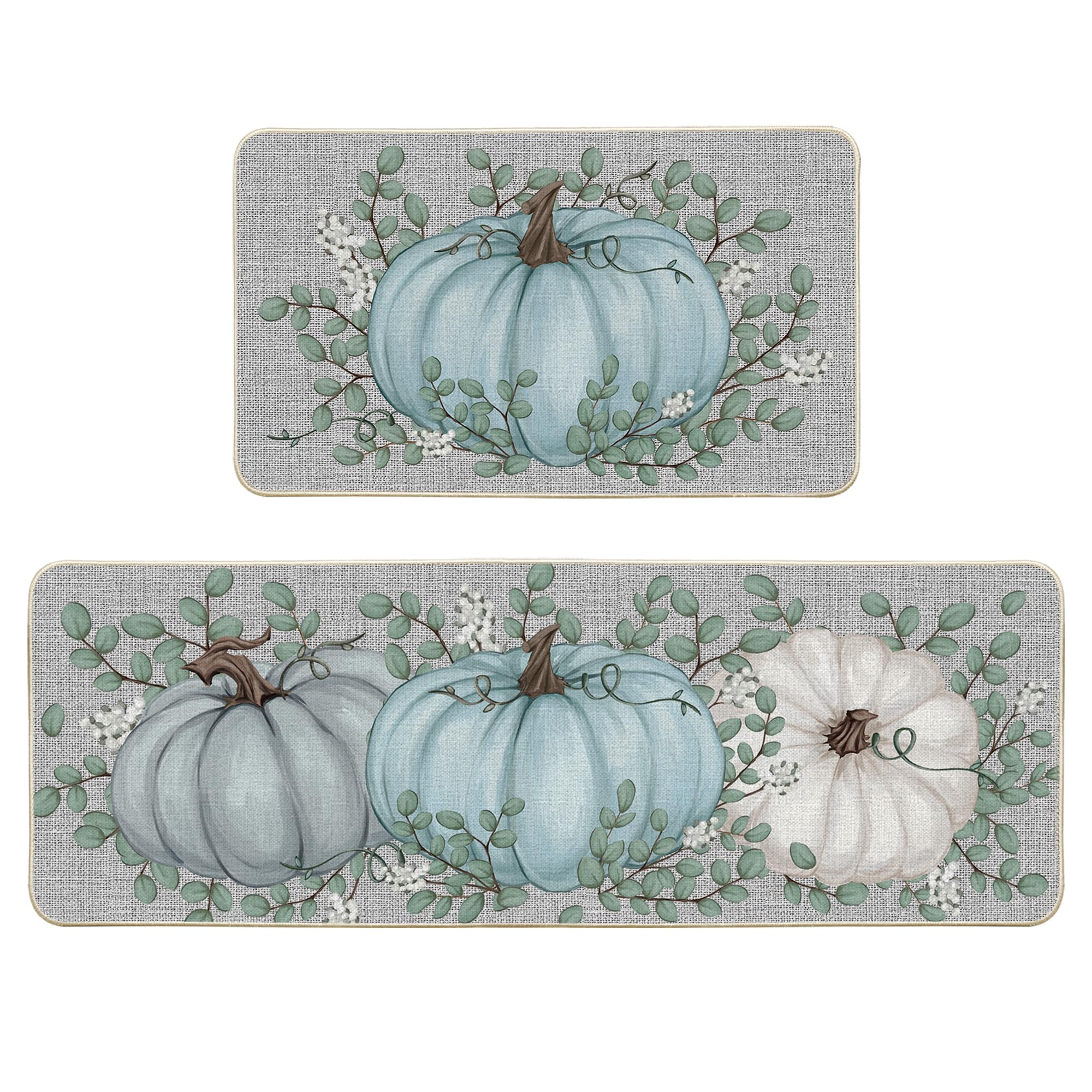 Photo 1 of Artoid Mode Pumpkin Eucalyptus Fall Kitchen Mats Set of 2, Home Decor Low-Profile Kitchen Rugs for Floor - 17x29 and 17x47 Inch