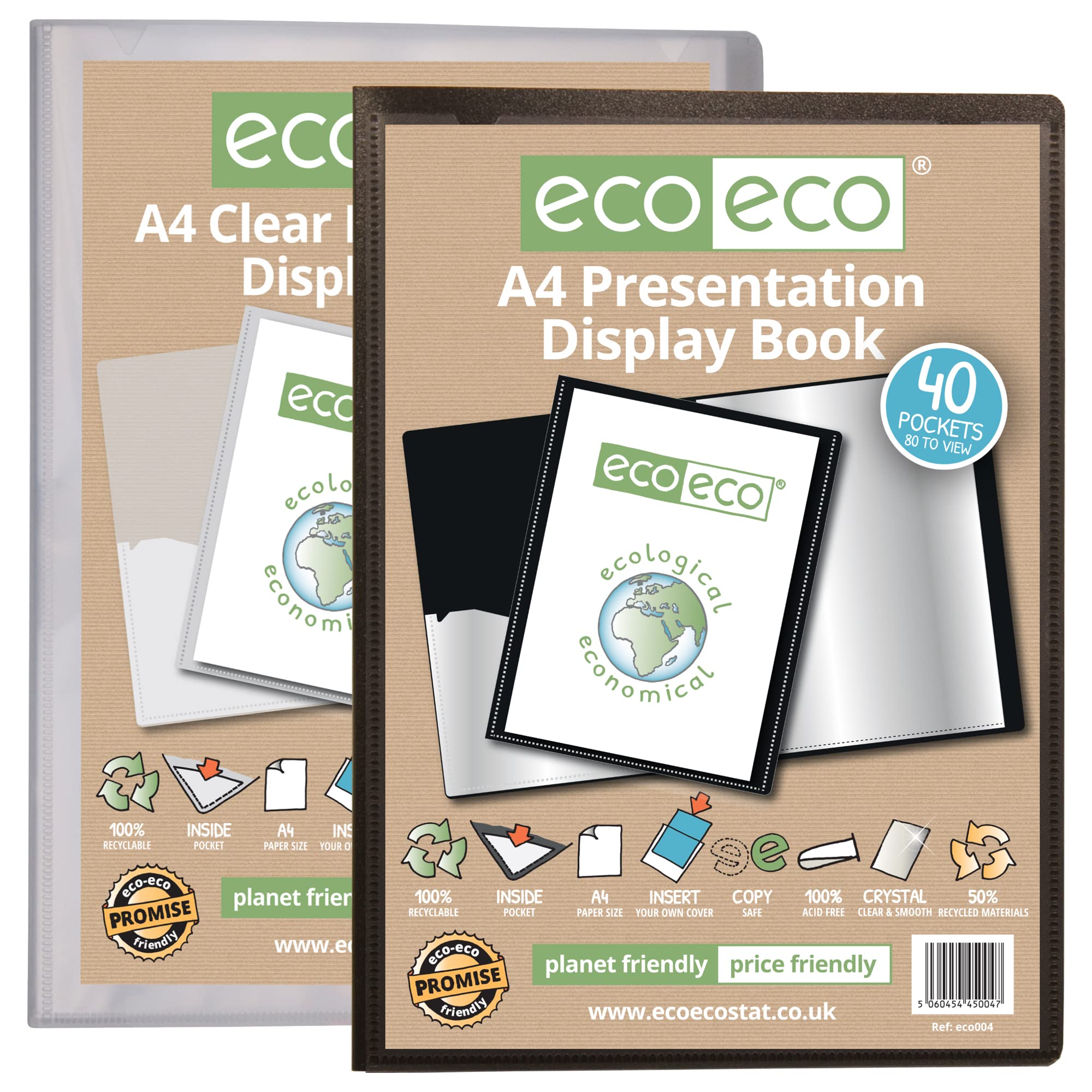 eco-eco A4 Size 50% Recycled 40 Pocket Presentation Display Book, Storage Case Portfolio Art Folder with Plastic Sleeves, Pack of 2 (1 Black and 1 Clear) eco004_98