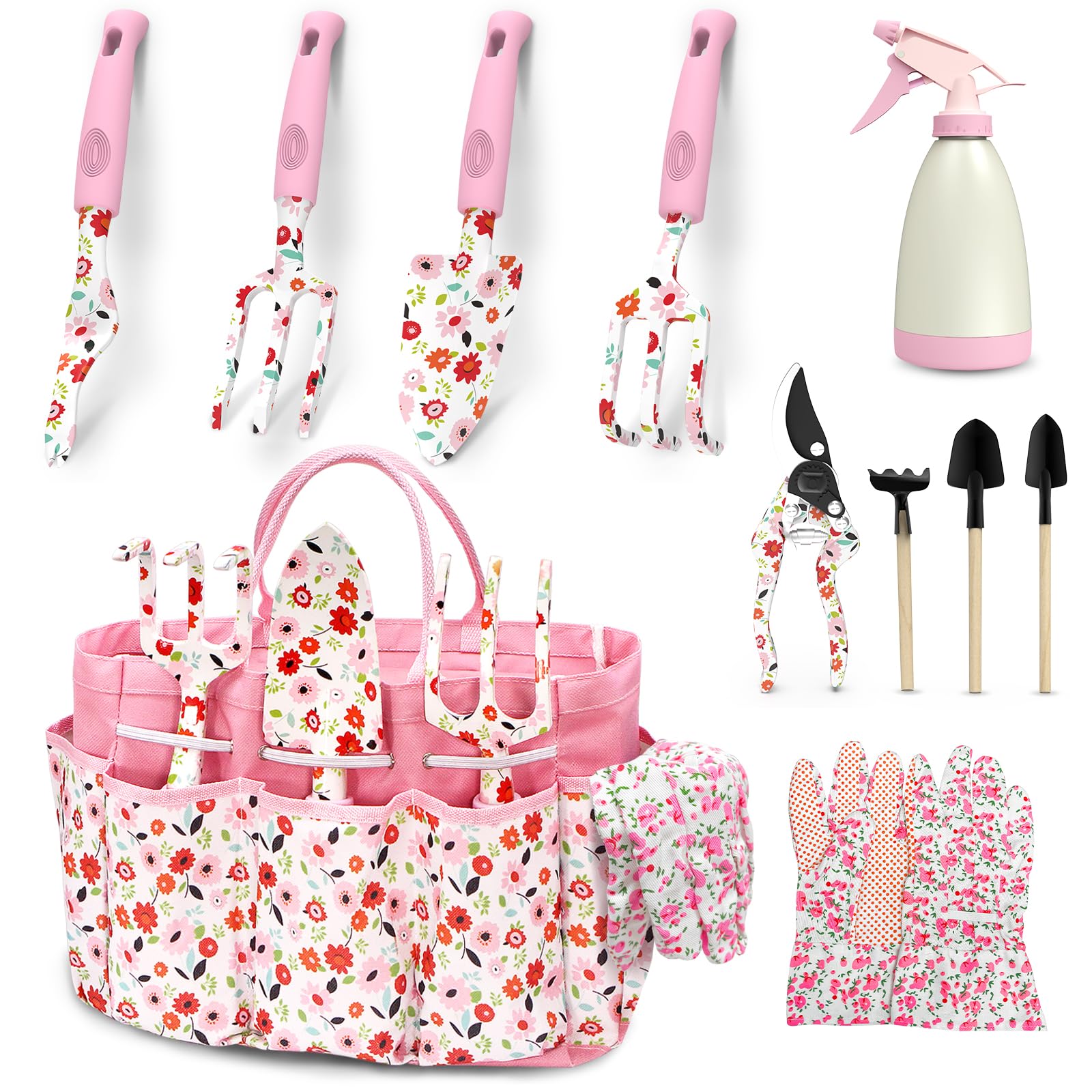 MQFORU Gardening Tools, 11 Piece Heavy Duty Garden Tools Set, New Full Set of Printed Garden Tools with Stylish Garden Tool Bag, Gardening Gifts for Women & Men
