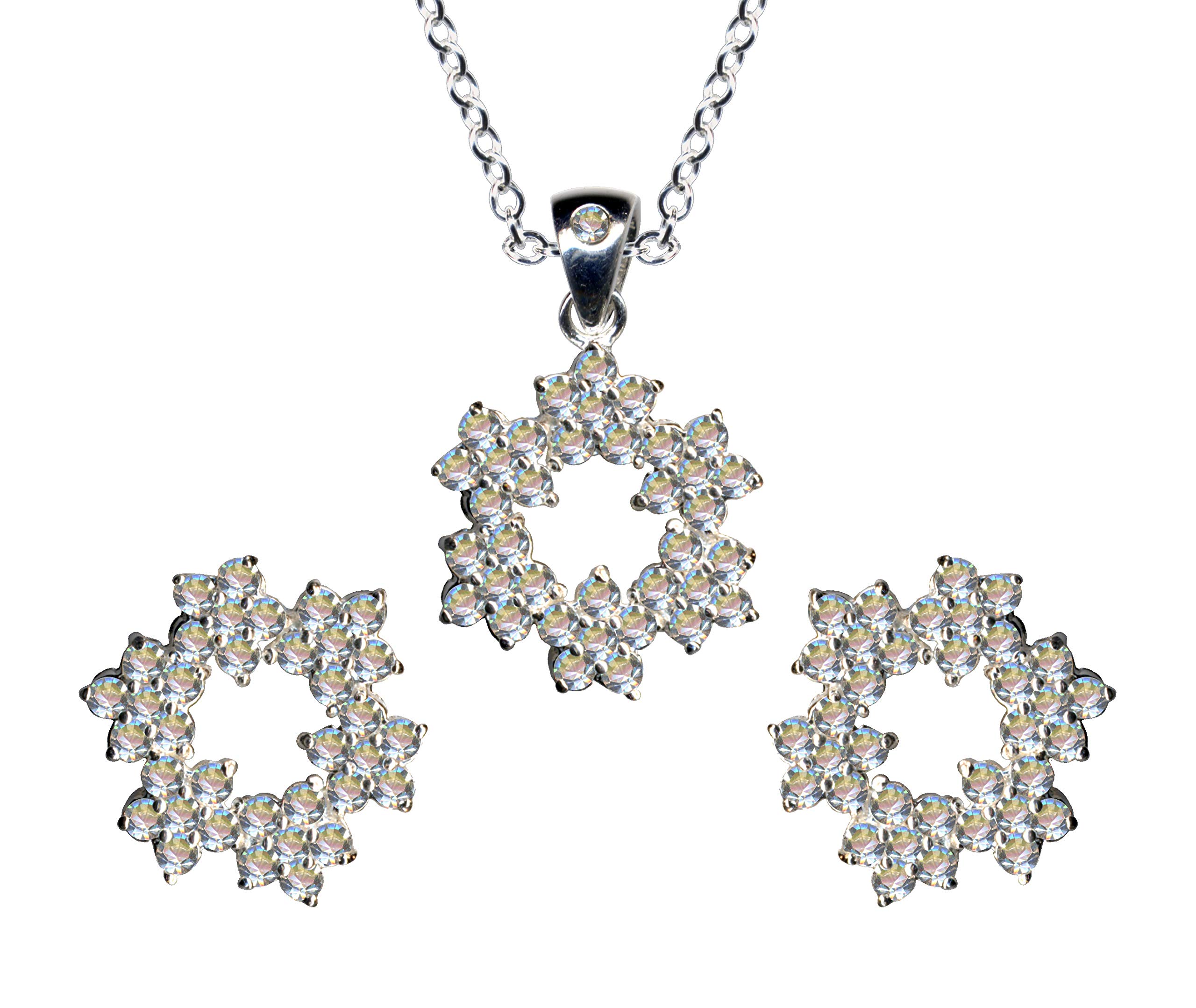 Jewellery Set Wreath Flower Wreath Real Sterling Silver 925 Earrings + Chain + Pendant Necklace Silver Chain Silver Pendant Stud Earrings Zirconia Crystals Art Nouveau White