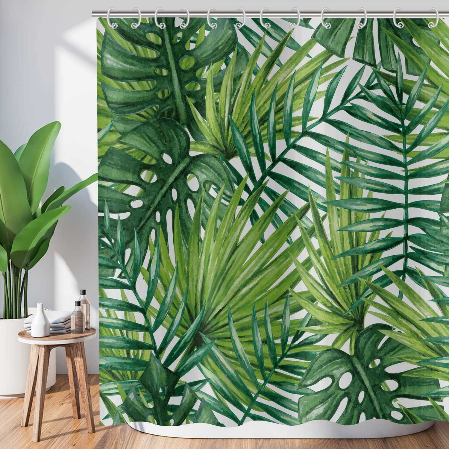 Hnmdmyi Tropical Leaf Shower Curtain 180x200, Green Palm Leaves Shower Curtains Jungle Plant Botanical Bathroom Curtains with Hooks Waterproof Polyester Fabric Washable Bath Curtains for Wet Room