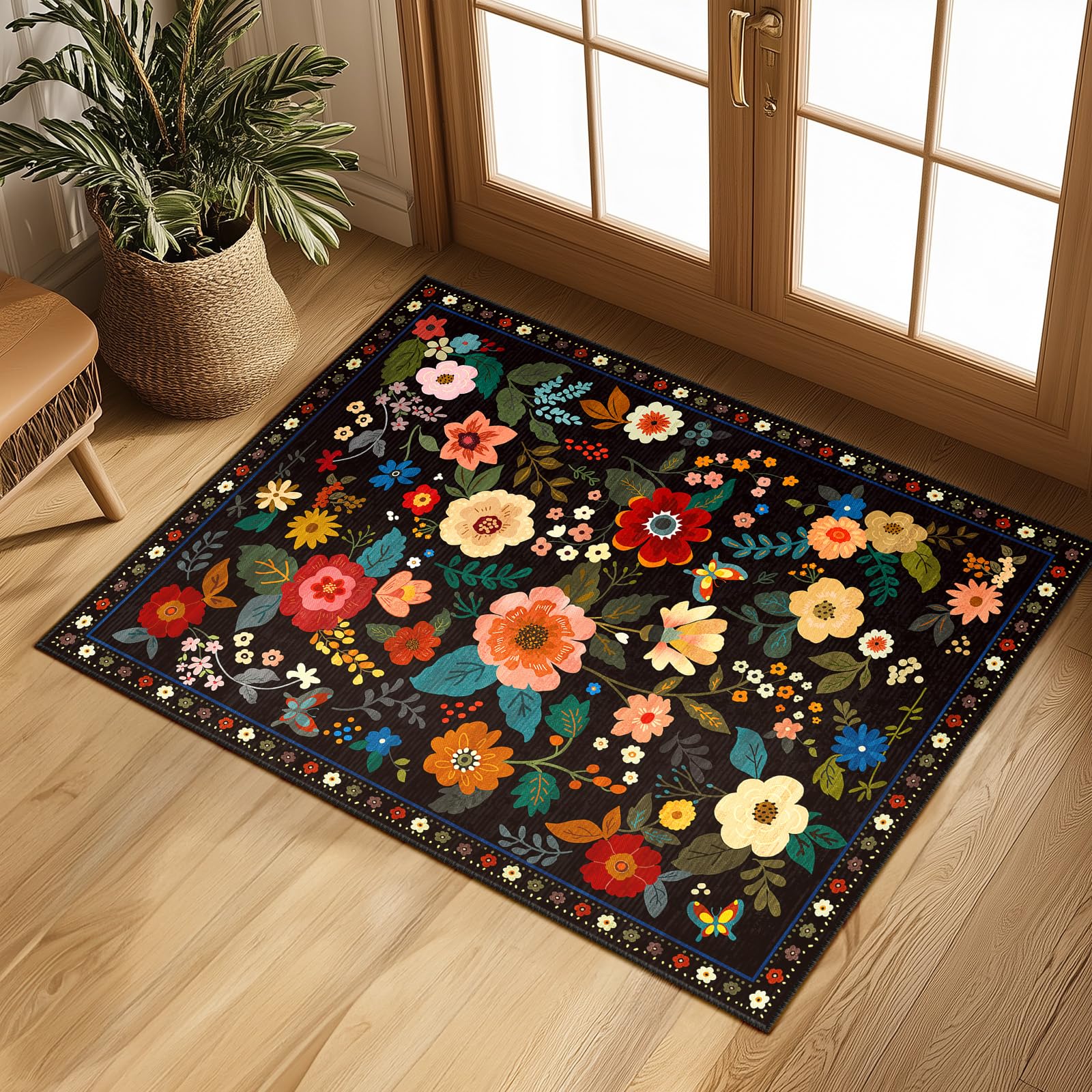 Photo 1 of RELEANY Floral 2x3 Area Rug Machine Washable Boho Carpet Non Slip Doormat Low Pile Flower Area Rugs for Living Room Bedroom Kitchen Dining Room Hallway Entryway Indoor-Black