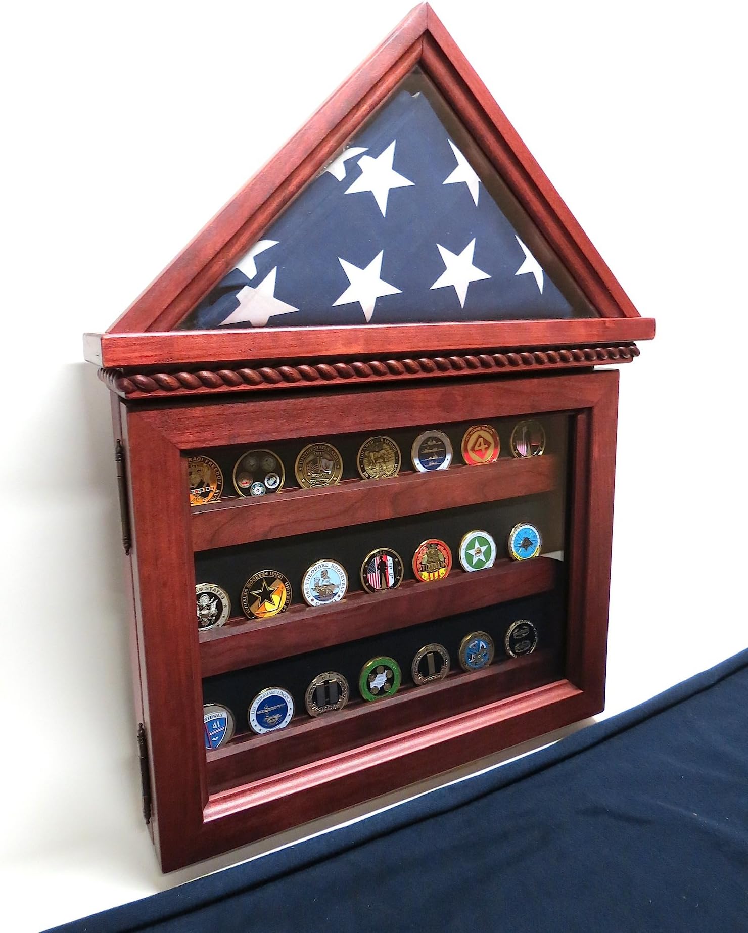 Military Flag Case Coin Display Shadow Box Combo (Solid Cherry Wood)