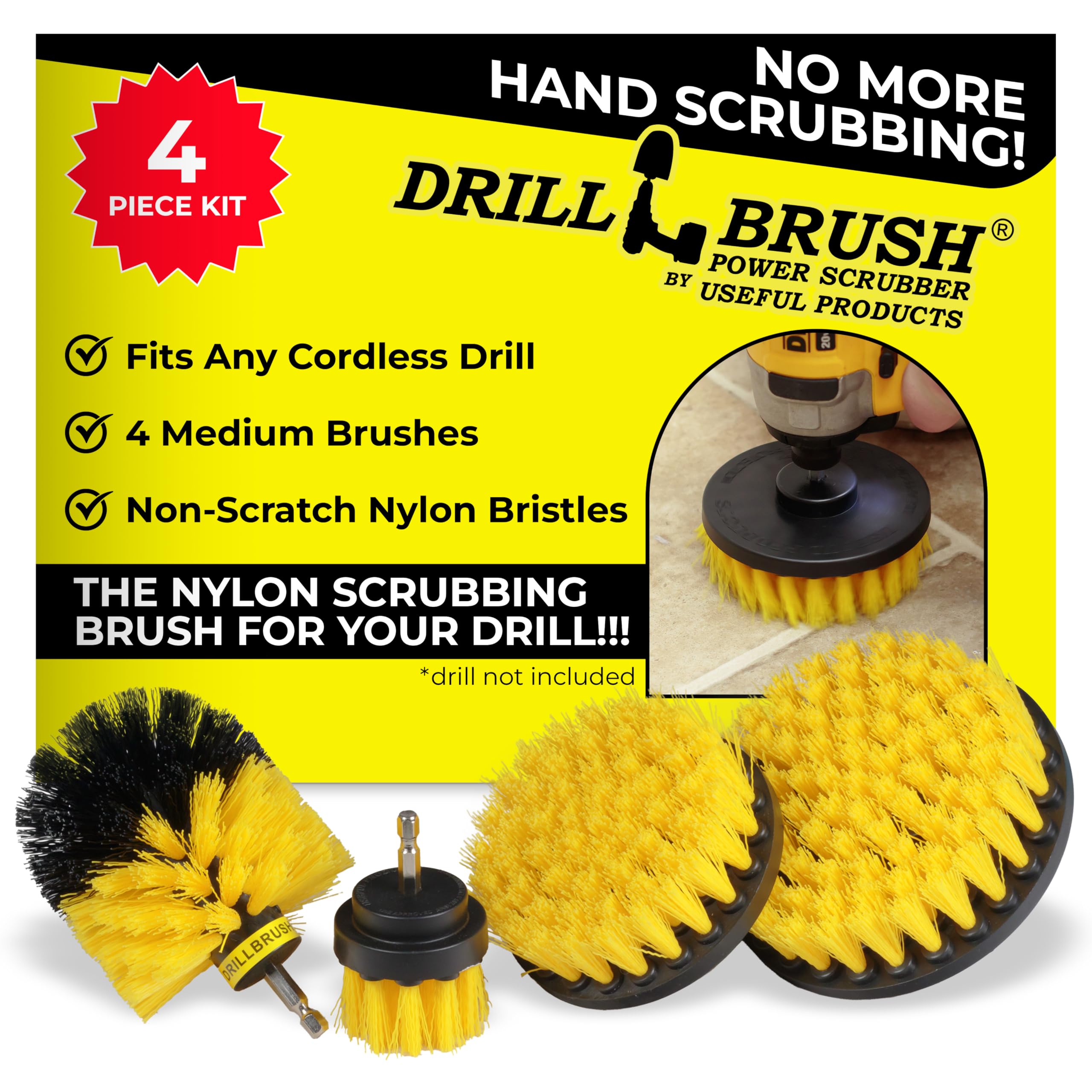 Drillbrush 4 Piece Cleaning Tool Attachment Kit For Scrubbing/Cleaning Tile, Grout, Shower, Bathtub, And All Other General Purpose Scrubbing (All Purpose Medium-Yellow)