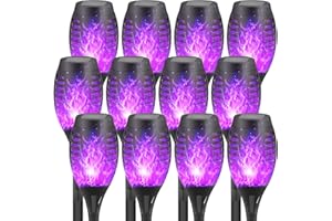 FAISHILAN 12-Pack Purple Solar Flickering Flame Torches – Waterproof Solar Garden Lights, Outdoor Solar Lights for Yards, and Flame Torches for Patio and Pathway Decorations
