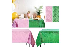 LOYIM 2 Pcs Witch Holographic Tablecloth for Birthday Party Pink and Green 54" x 108" Witch and Princess Themed Decoration Shimmer Iridescent Metallic Plastic Glitter Laser Rectangular Table Covers