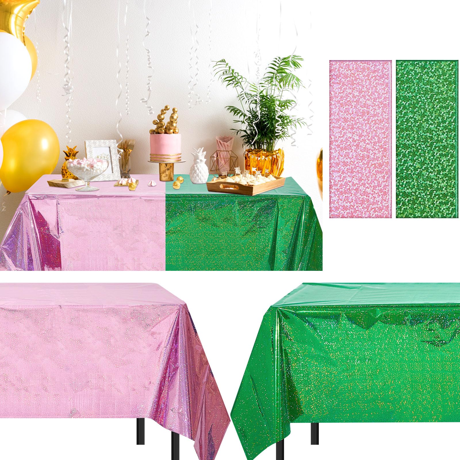 Photo 1 of LOYIM 2 Pcs Witch Holographic Tablecloth for Birthday Party Pink and Green 54" x 108" Halloween Witch Princess Theme Birthday Decoration Iridescent Metallic Plastic Glitter Laser Table Covers