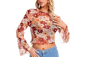 HYPERFUN Floral Mesh Bell Sleeve Top of 70 s Tops for Women 70s Shirt Women Boho Disco Groovy Outift Dress Up