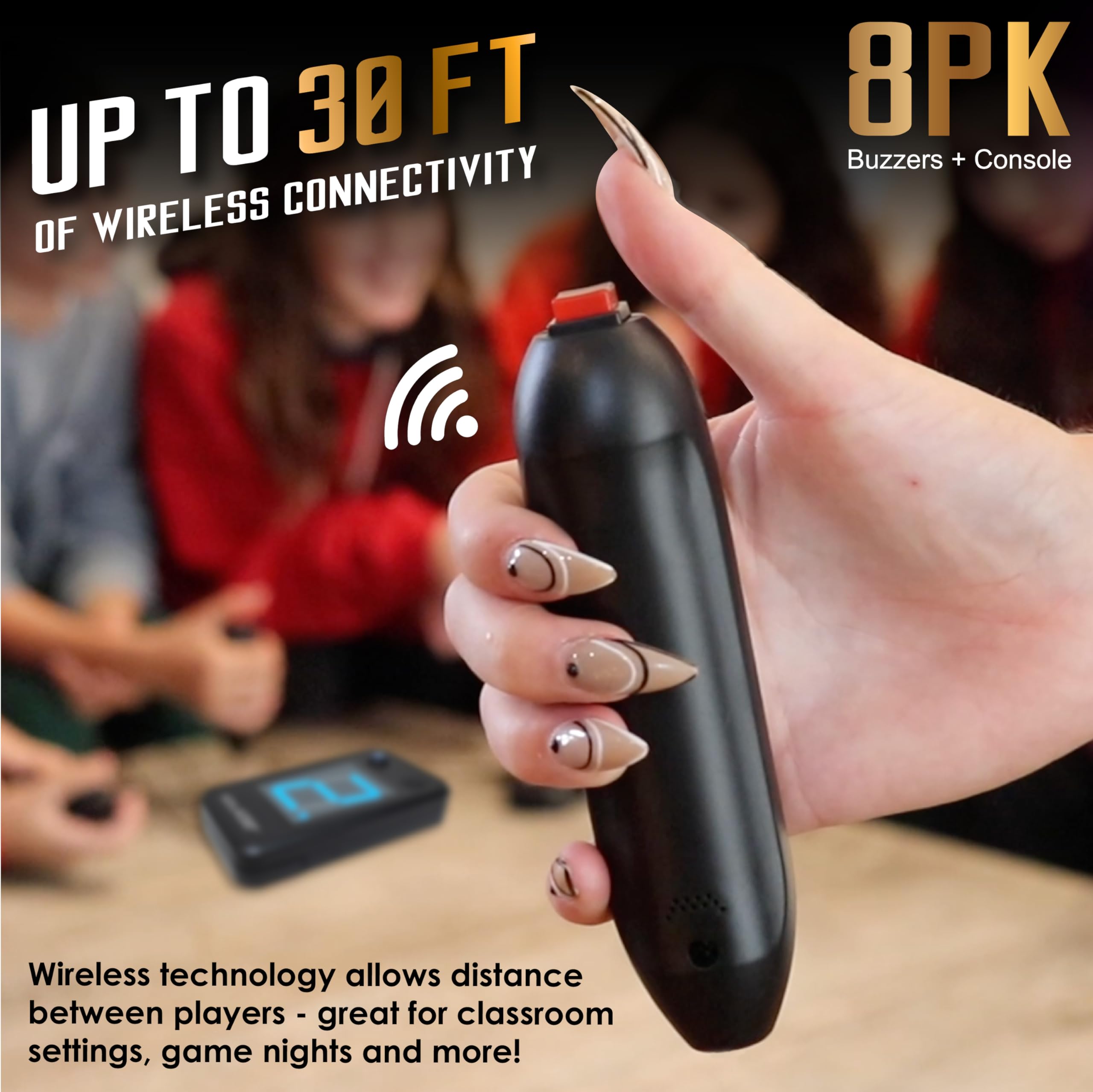 Digital Energy Wireless Handheld Game Buzzer System - Console Displays First Buzz-in - Great for Jeopardy, Family Feud, Trivia and Buzz Games - 8 Joystick Buzzers