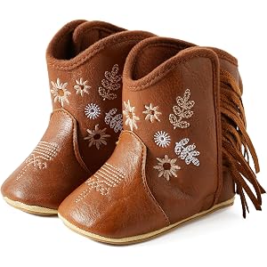 Jastore Baby Girls Cowboy Boots Infant Western Style Flower Booties Toddler Soft Sole Non-Slip First Walker Crib Shoes
