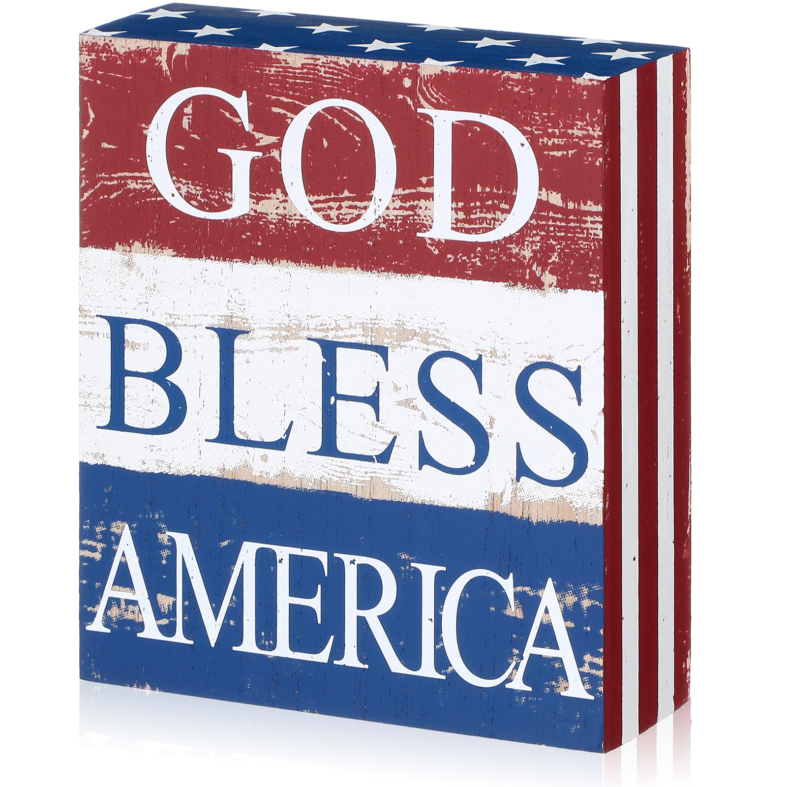 Photo 1 of Jetec Patriots' Day Decor Labor Day Box Sign Patriotic 5 x 6 Inch Wood American Flag Decor Farmhouse Wooden Block(God Bless America)