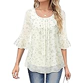 VALOLIA Womens 3/4 Sleeve Blouses Tops Dressy Casual Chiffon Pleated Embroidery Layered Shirts