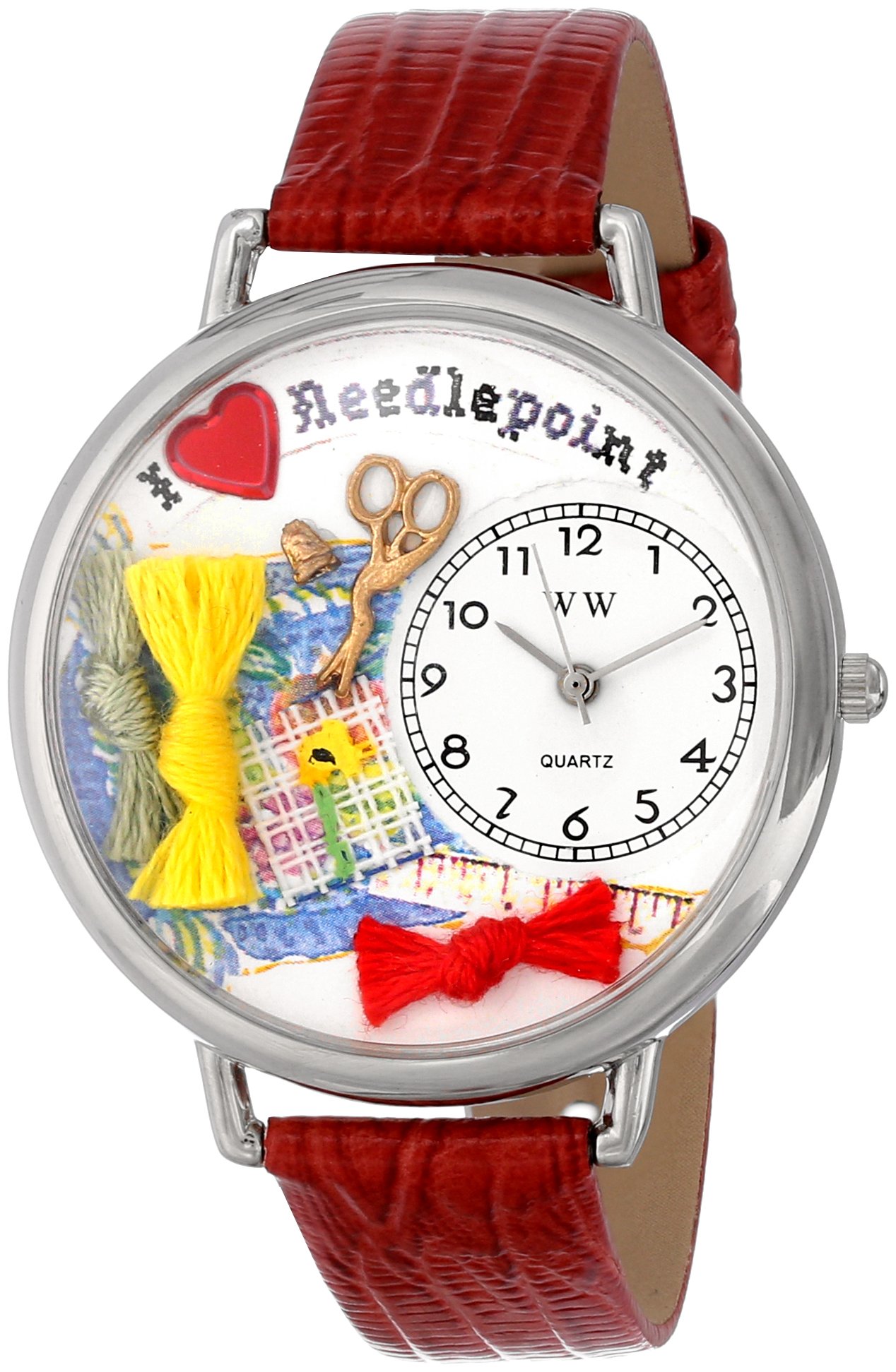 Whimsical Watches Needlepoint Red Leather and Silvertone Unisex Quartz Watch with White Dial Analogue Display and Multicolour Leather Strap U-0450009