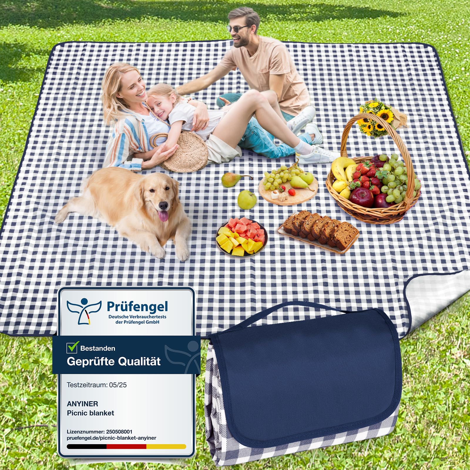 Anyiner Picnic Blanket Waterproof, 200x200cm Large Beach Blanket Camping Blanket, Sandproof Machine Washable With Carrying Handle for Outdoor Camping Beach Family Picnic, Blue Plaid