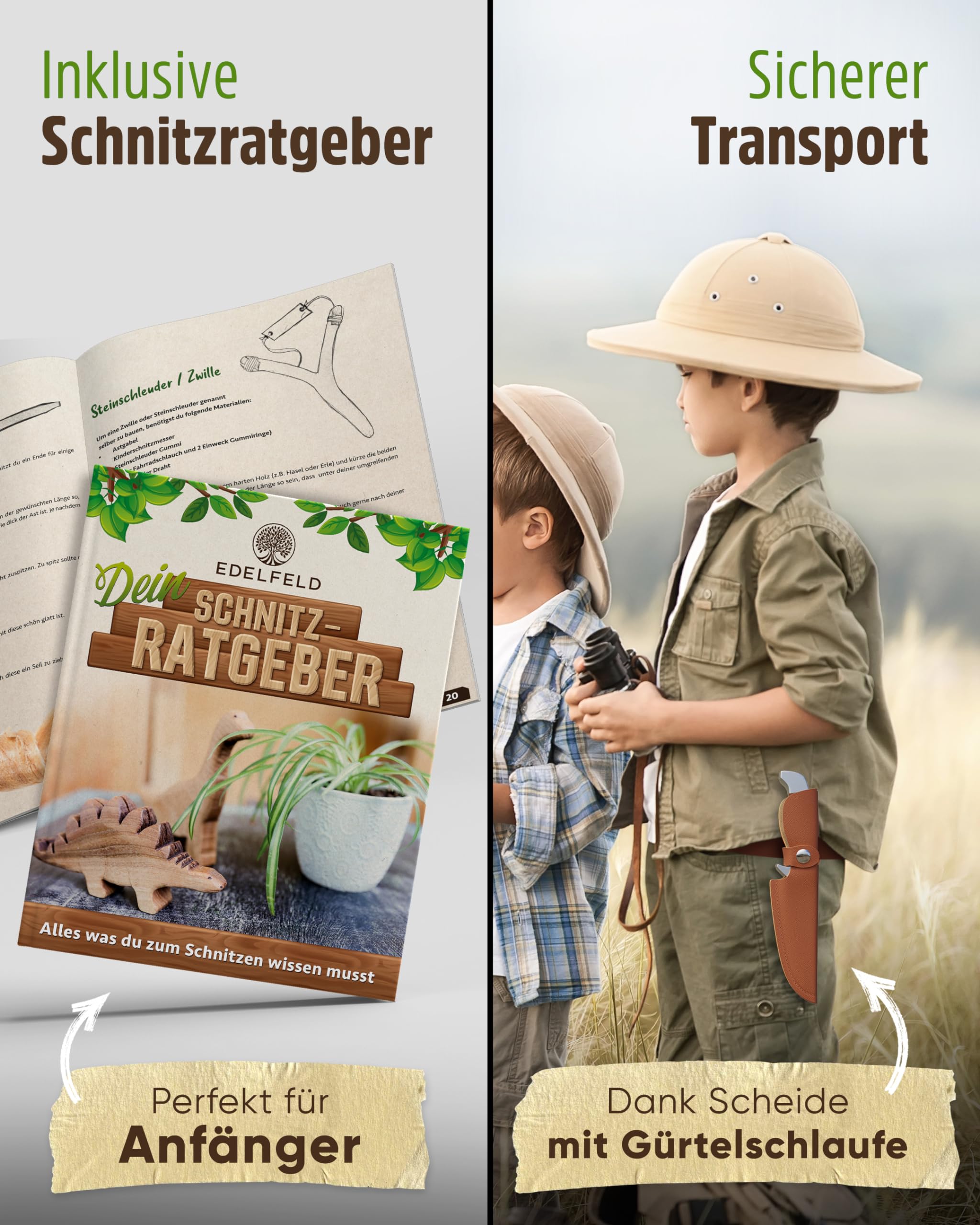 EDELFELD - Das Original - Schnitzmesser Kinder ab 6 Jahre - Sicheres Taschenmesser Kinder mit Fingerschutz - Schnitzmesser für Links- & Rechtshänder - Kinderschnitzmesser inkl. Scheide & Schnitzbuch 6