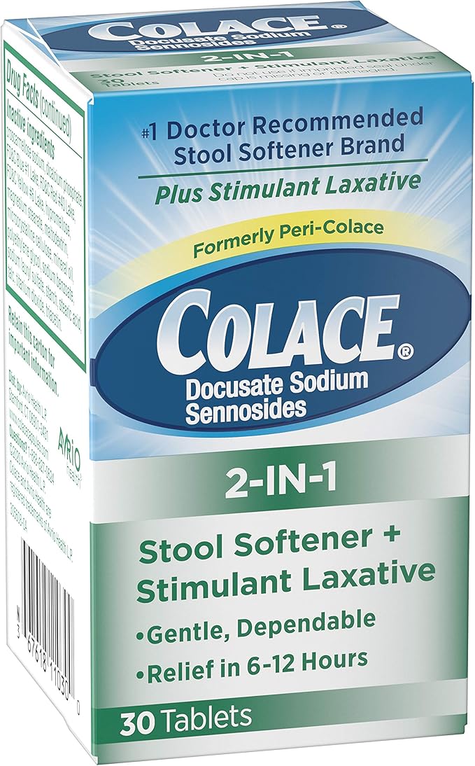 Amazon Com Colace 2 In 1 Stool Softener Stimulant Laxative Tablets Gentle Constipation Relief In 6 12 Hours 30 Count Health Personal Care
