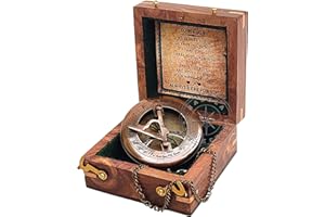 Hanzla Collection Antique Brass Sundial Compass with Wooden Box and Chain - Push Open Compass - Steampunk Accessory - Beautiful Handmade Gift - Sundial Clock