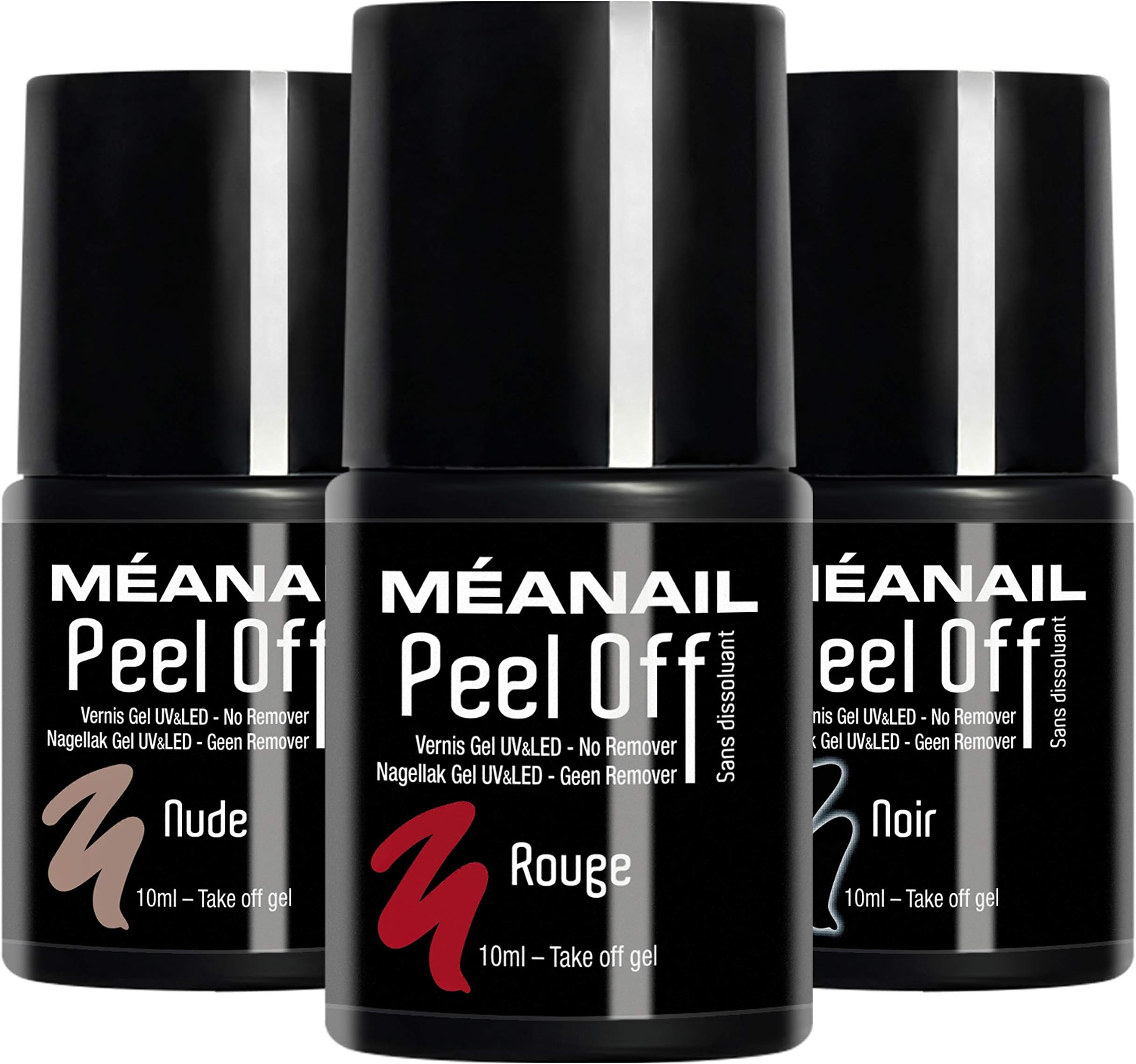 Semi-Permanent Peel Off Gel Varnish Trio - Three 10ml bottles for the perfect manicure - Rouge, Nude and Noir - Meanail