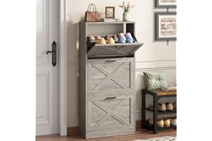 HOMEFORT Shoe Storage Cabinet for Entryway,24" Slim Shoe Organizer with 3 Flip Drawers, Narrow Shoe Rack Cabinet, Farmhouse Hidden Shoe Cabinet for Foyer, Front Door Entrance, Washed Gray