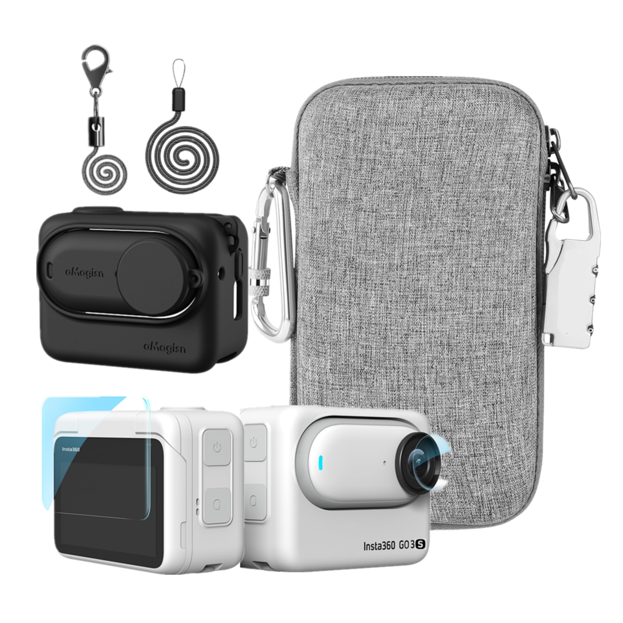 LEWOTE Accessories Kit Compatible with Insta360 GO 3S [Silicone Camera Case Cover and Lens Cap][2Pcs Screen Protector Film][Carrying Bag with Auto Locking Carabiner and Lock] (Black)