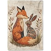 coedoaes Vintage Fox and Rabbit Blanket, 50x60in Retro Whimsical Bunny Throw Blankets,Soft Cozy Lightweight Fleece, Ideal for Living Room Home Rustic Decor and Kids Women Girls Spring Gifts