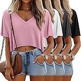 Neer 4 Pack Women's Oversized Crop T Shirts Summer V Neck Short Sleeve Tops Irregular Hem Baggy Top