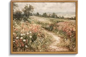 OIQArtOIQ Framed Canvas Wall Art,Vintage Decor,Landscape Nature Country Wildflower Paintings Farmhouse Pictures Modern Artwork Rustic Fall Flower Prints Cottagecore Office Living Room Bedroom Bathroom