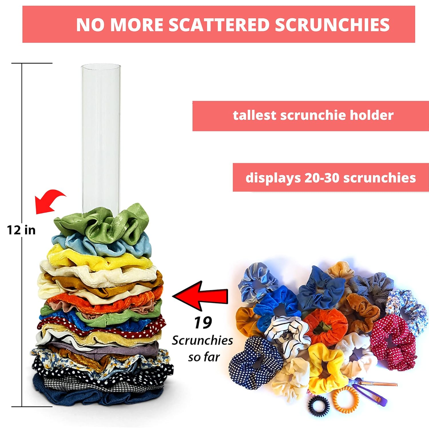 Scrunchie Holder Stand 12 Inches - Organizer A Lot of Scrunchies for Girls - Use This Hair Ties Organizer Stand as a Cute Bedroom Decor for Teens - Versatile Clear Acrylic Scrunchy Holder : Beauty
