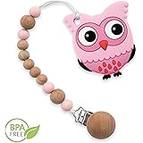 Baby Wood Pacifier Clip and Silicon Owl Teether | 100% BPA Free, Anti-Bacterial, and Organic | Natural and Effective Teething Pain Relief (Pink)