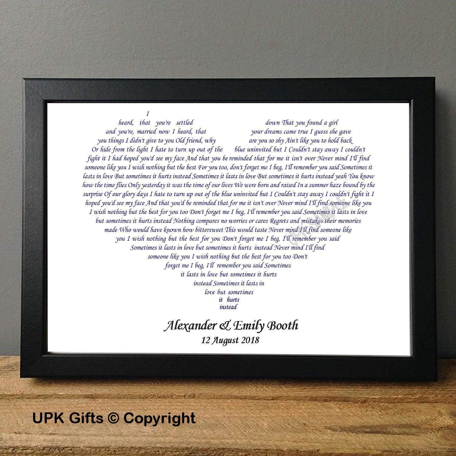 Upk Gifts Personalised Adele Someone Like You Song Lyric Wedding Keepsake Print Gift Word Art With Frame First Dance Family Best Friends Daughter Son Anniversary Love Valentine S Day Amazon Co Uk Handmade