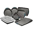Rachael Ray Nonstick Bakeware Set with Grips includes Nonstick Bread / Baking Pans, Cookie / Baking Sheet and Cake Pans - 10 Piece, Gray with marine blue grips