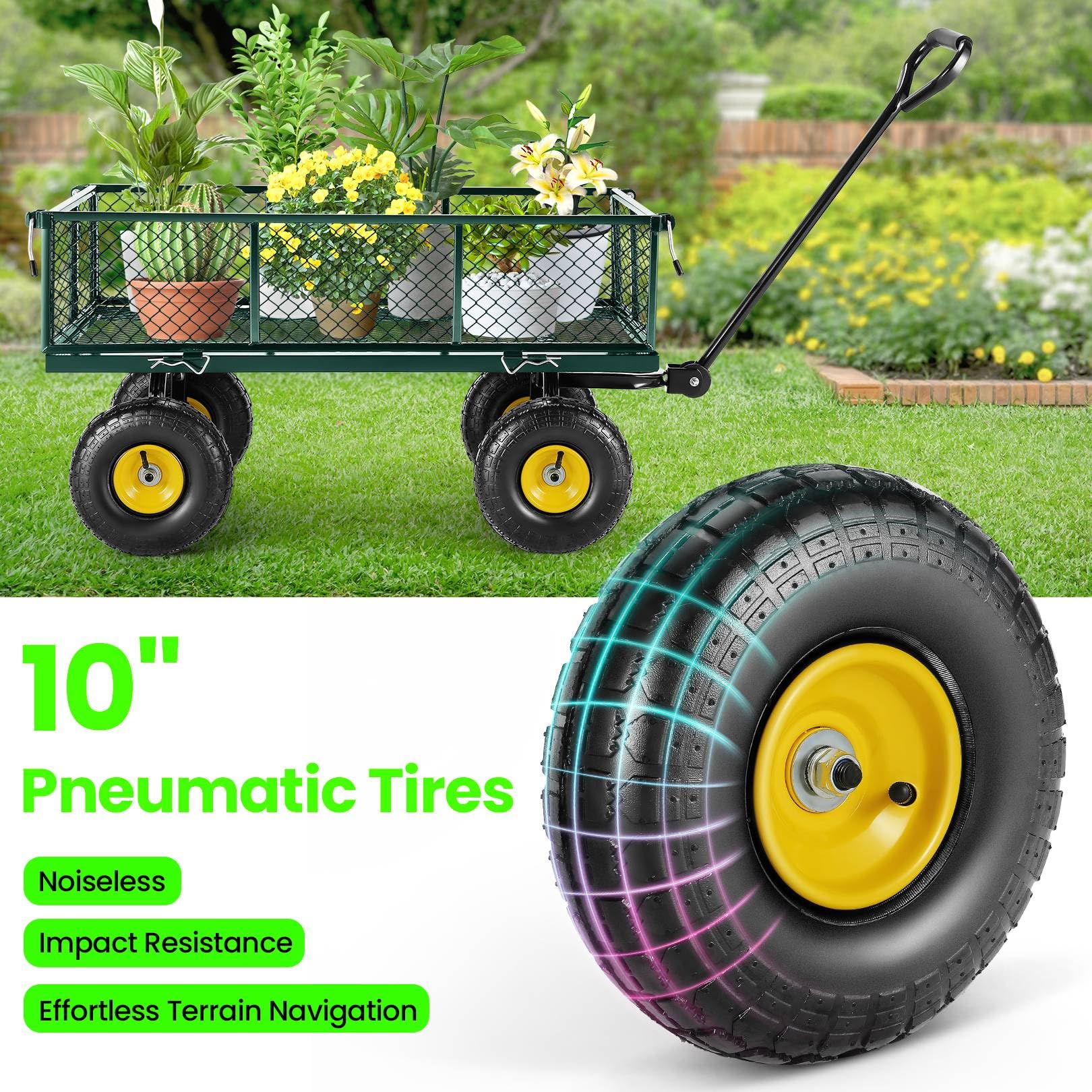 TEANDE 680Lb Garden Cart with Removable Mesh Sides to Convert into Flatbed, Utility Metal Wagon with 180° Rotating Handle, 10 inch Tires, Portable for Yard, Farm, Beach (Green, Without Oxford Cloth)
