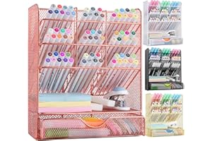 Spacrea Pen Holder Desk Organizer - Desk Organizers and Accessories, Pencil Holder with 10 Compartments and 1 Drawer（Rose Gold）