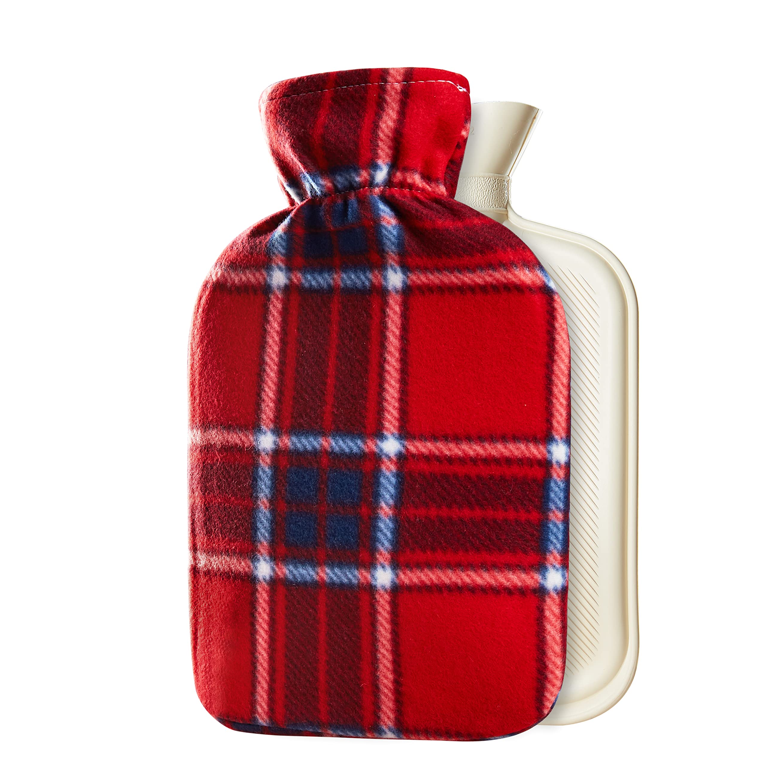 Hot Water Bottle with Fleece Cover 1.5L, Long-Lasting Reusable Rubber Bottle for Pain Relief & Warmth, Eco-Friendly Winter Essentials Gifts for Adults (Red Check)