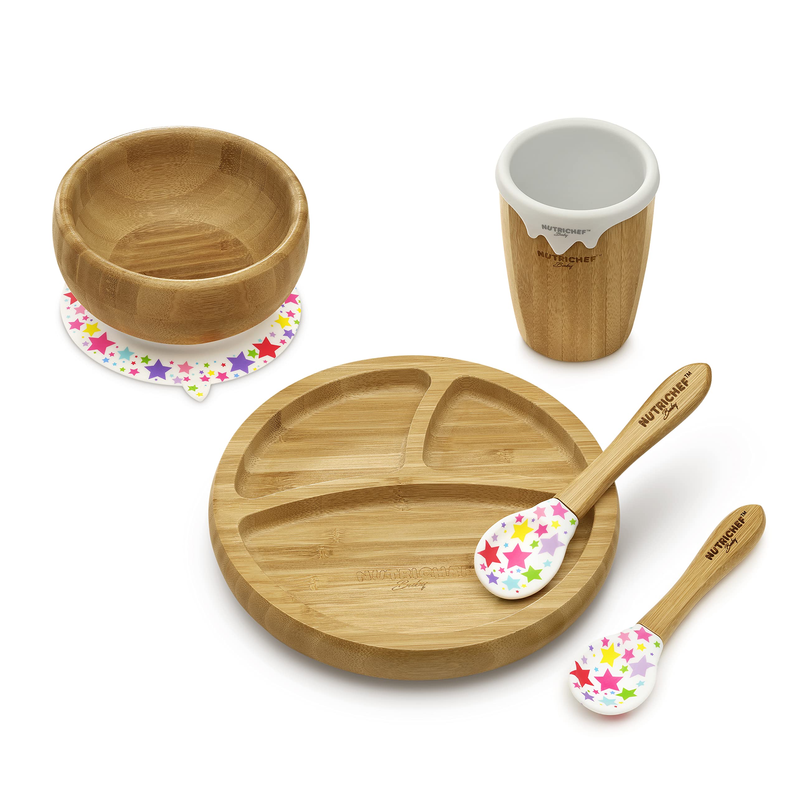 NutriChef Round Bamboo Baby Plate, Star Set with Cup
