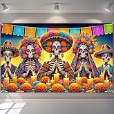 BlissYard Day of the Dead Banner Sugar Skull Photo Decorations 71 x 43 Inch | Dia de los Muertos Banner Sugar Skull Mexican Backdrop for Home Party Photo Booth Marigold Flowers