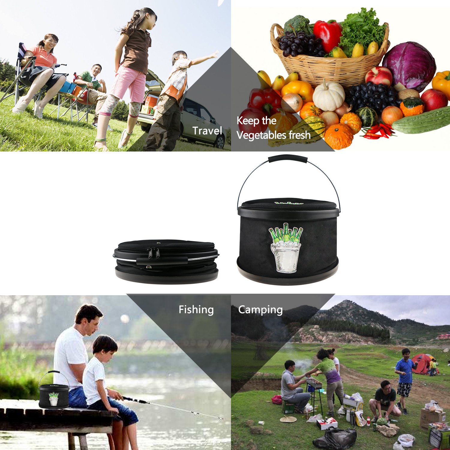 Collapsible Ice Bucket Drinks Lunch Cooler, LC-dolida Portable Folding Camping Beverage Beer Can Cooler with Zipper Double Insulated Bucket Bag for Hiking, Picnic, Travel Black