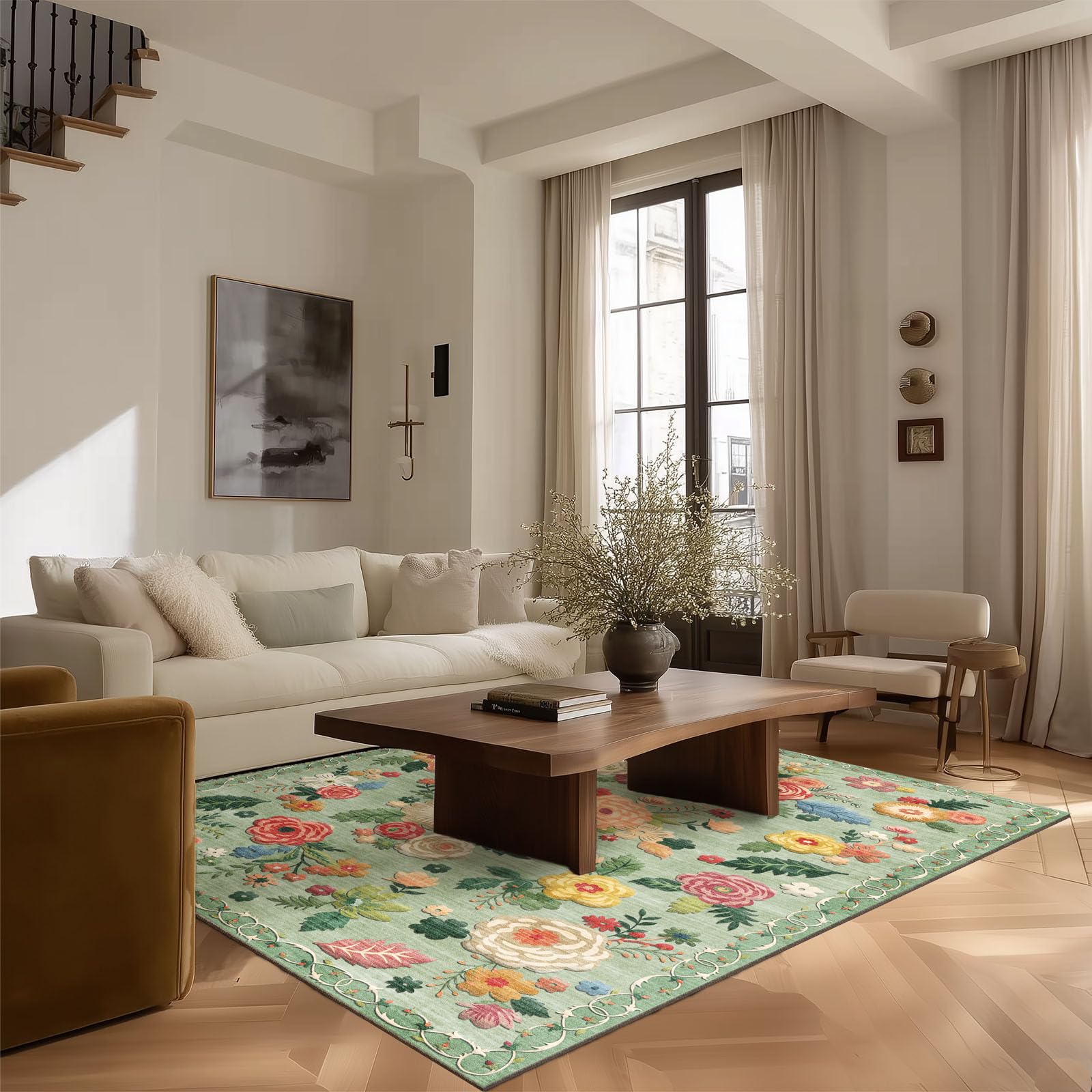 Photo 1 of 4x6 Bedroom Area Rug Washable: Entry Throw Rug Stain Resistant Floral Green Rug Non Slip Low Pile Small Carpet for Bedroom Kitchen Entryway Living Room Bedside Office Dorm Kids Room Entrance