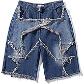 ZUNQKG Womens Y2k Baggy Jorts-Drawstring Star Patchwork Wide Leg Jean Shorts with Pockets